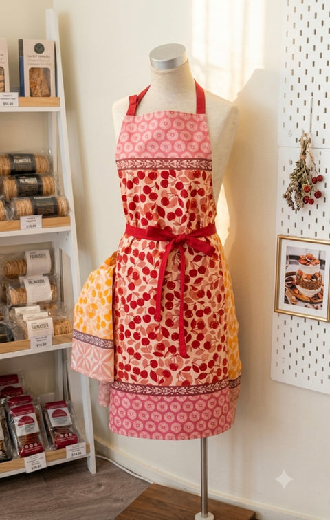 Le Jacquard Francais French Cotton Kitchen Apron - Cerises Griotte Red 90x90cm 100% cotton