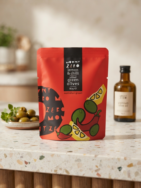 Mount Zero Lemon and Chilli Pitted Green Olives 80g