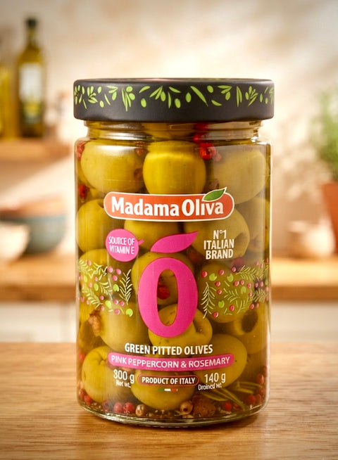 Madama Oliva green pitted olives with pink peppercorn and rosemary 300g- Cheese Celebration