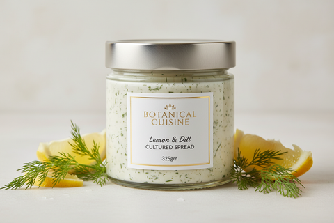 Botanical Cuisine Lemon & Dill Cultured Spread 325gm in clear glass jar