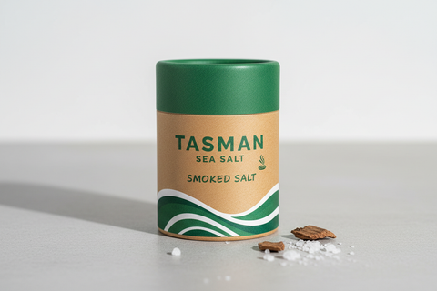 tasman sea salt smoked salt in small green and white cardboard jar 